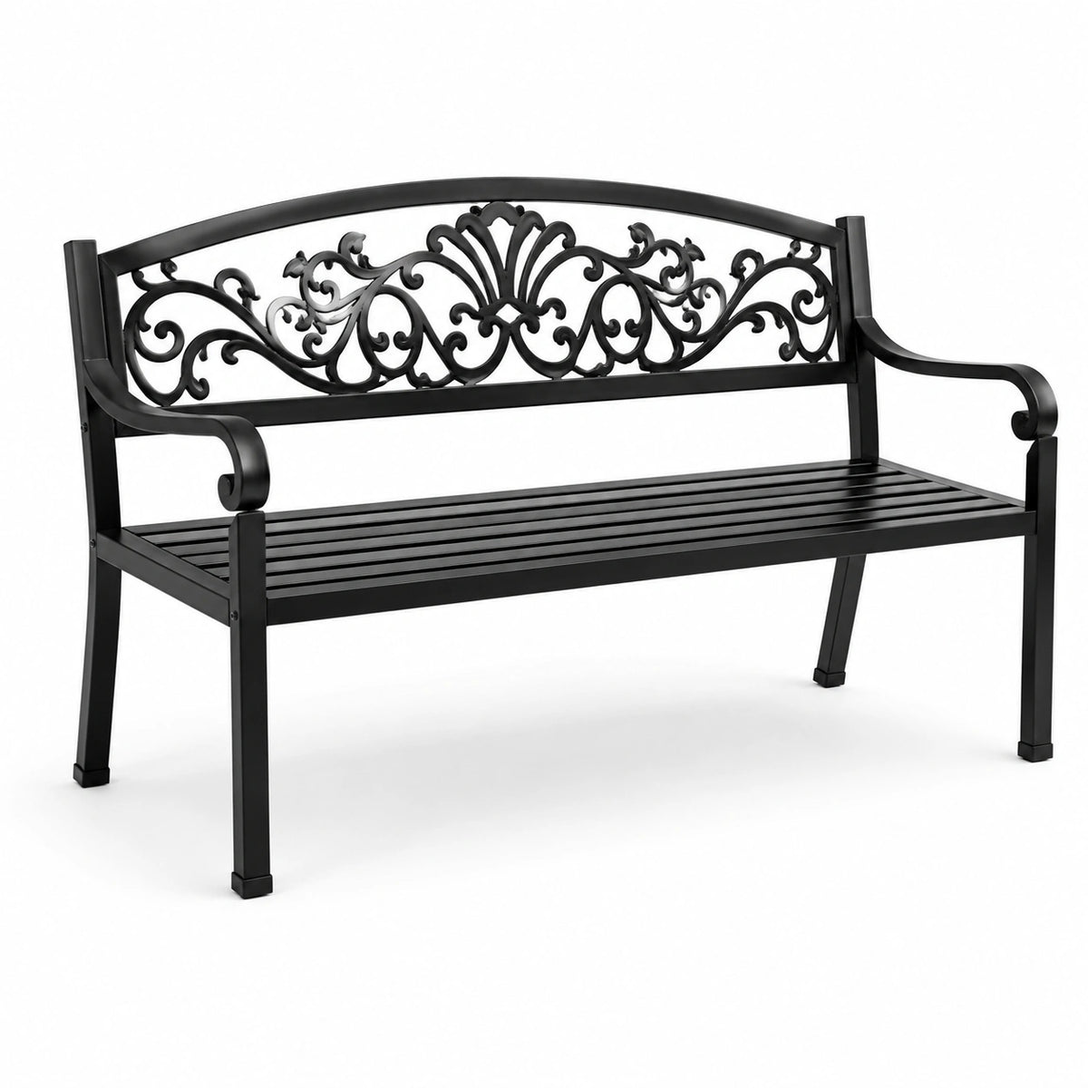 Banco de hierro forjado negro con respaldo ornamental