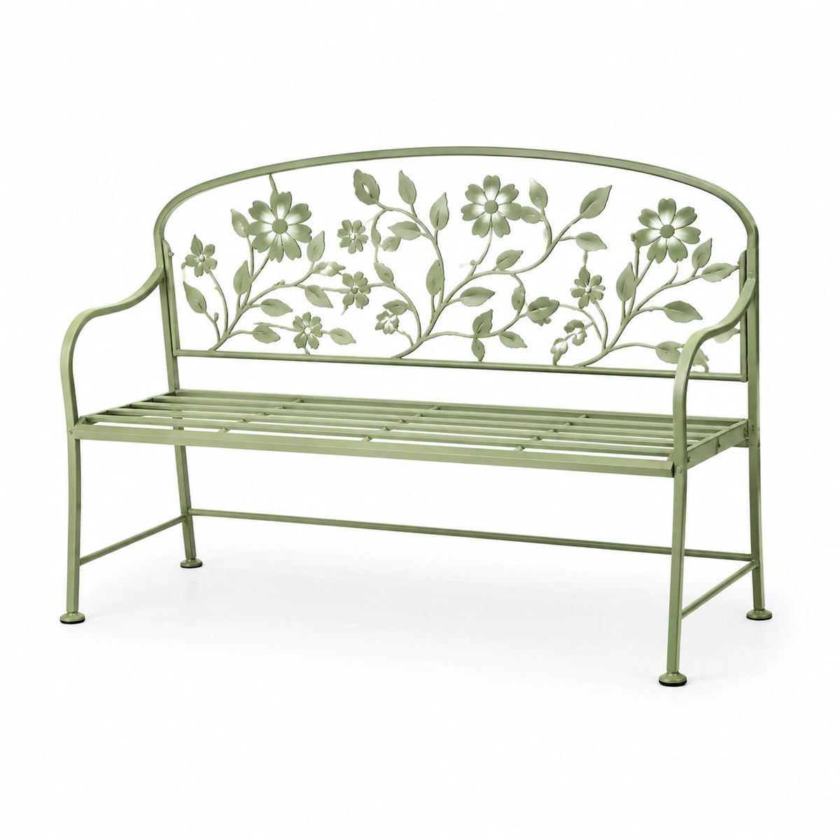 Banco de jardín de acero con diseño floral verde