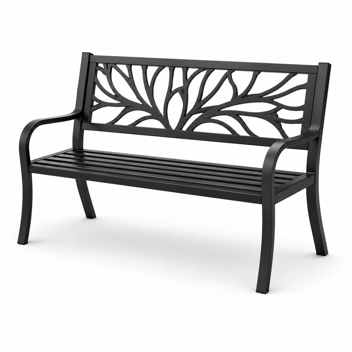 Banco de jardín de metal negro con diseño decorativo 127 cm