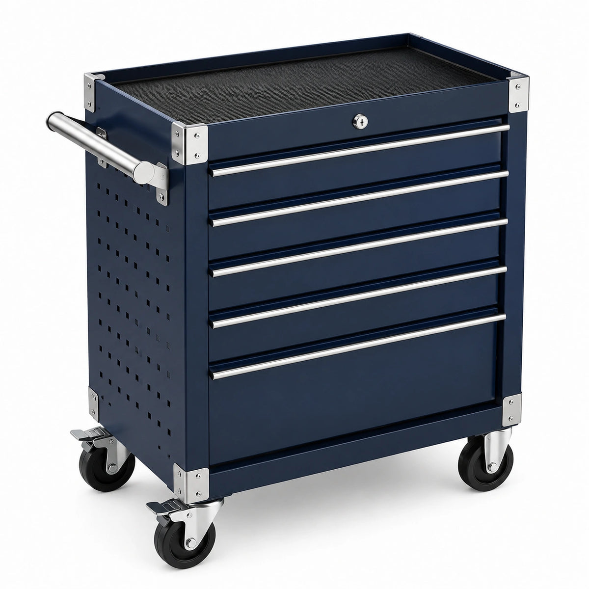 Carro de herramientas de metal con 6 cajones y superficie de madera 85cm azul/gris