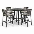 Conjunto de bar exterior con mesa alta de acacia y 4 sillas de metal y cuerda sintética