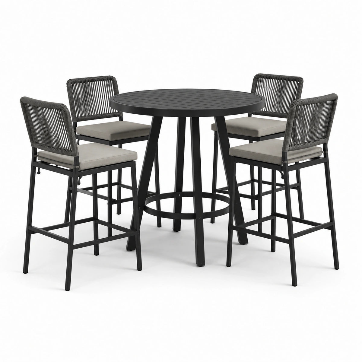 Conjunto de bar exterior con mesa alta de acacia y 4 sillas de metal y cuerda sintética