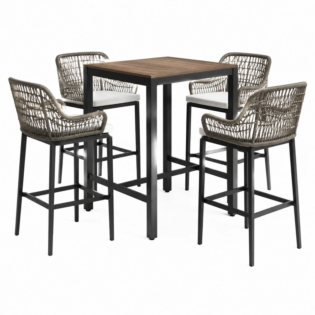 Conjunto de bar exterior con mesa redonda y sillas de aluminio y cuerda