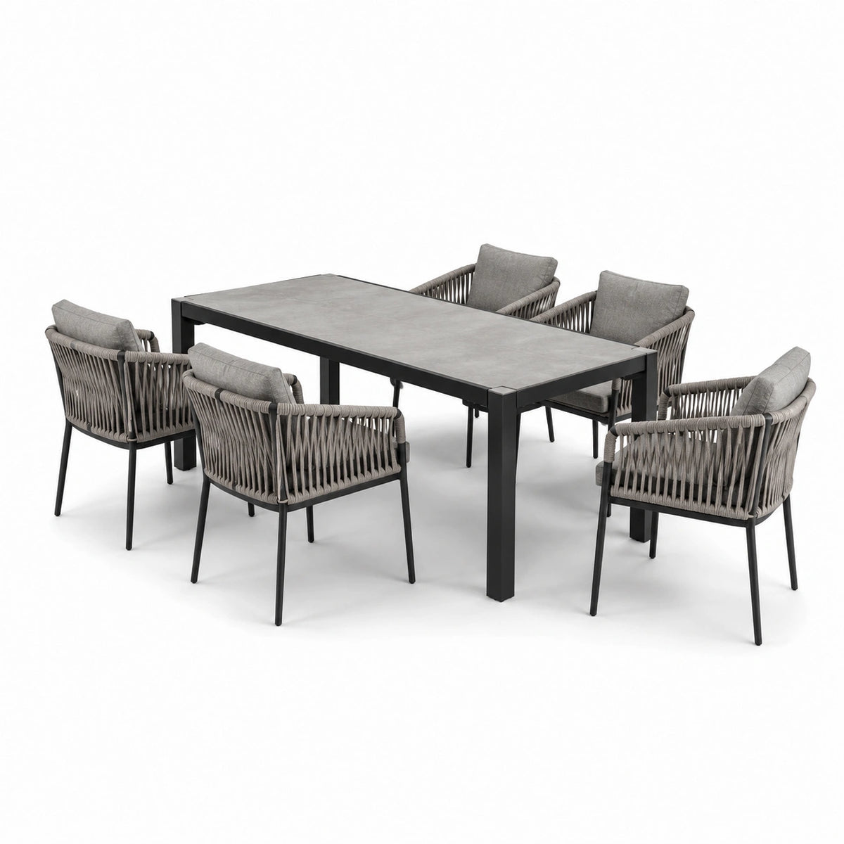 Conjunto de comedor exterior de metal y teca con sillas de cuerda