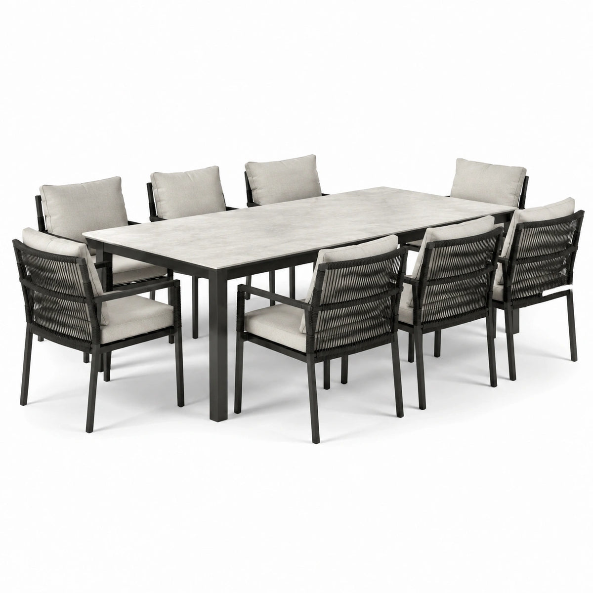 Conjunto de comedor exterior de aluminio y cuerda sintética gris/marrón con mesa cuadrada