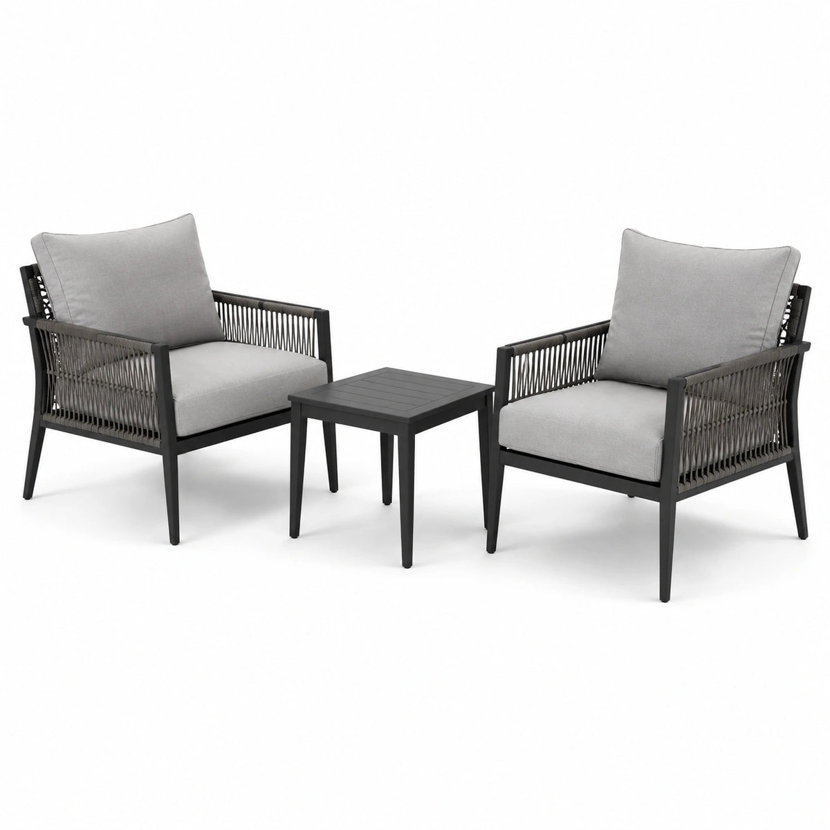 Conjunto de jardín con dos sillas y mesa de centro de aluminio, madera y cuerda gris/negro
