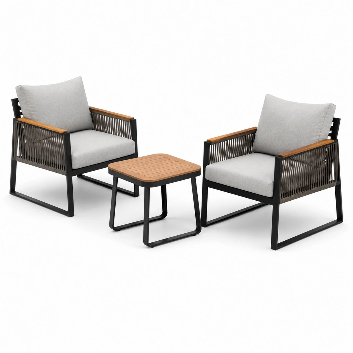 Set de sillas de aluminio negro con cojines grises y mesa redonda