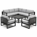 Conjunto de muebles de jardín de aluminio y madera con cojines grises