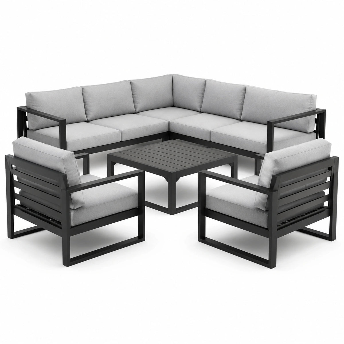 Conjunto de muebles de jardín de aluminio y madera con cojines grises