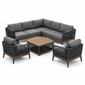 Conjunto de muebles de jardín de aluminio y teca con cojines grises