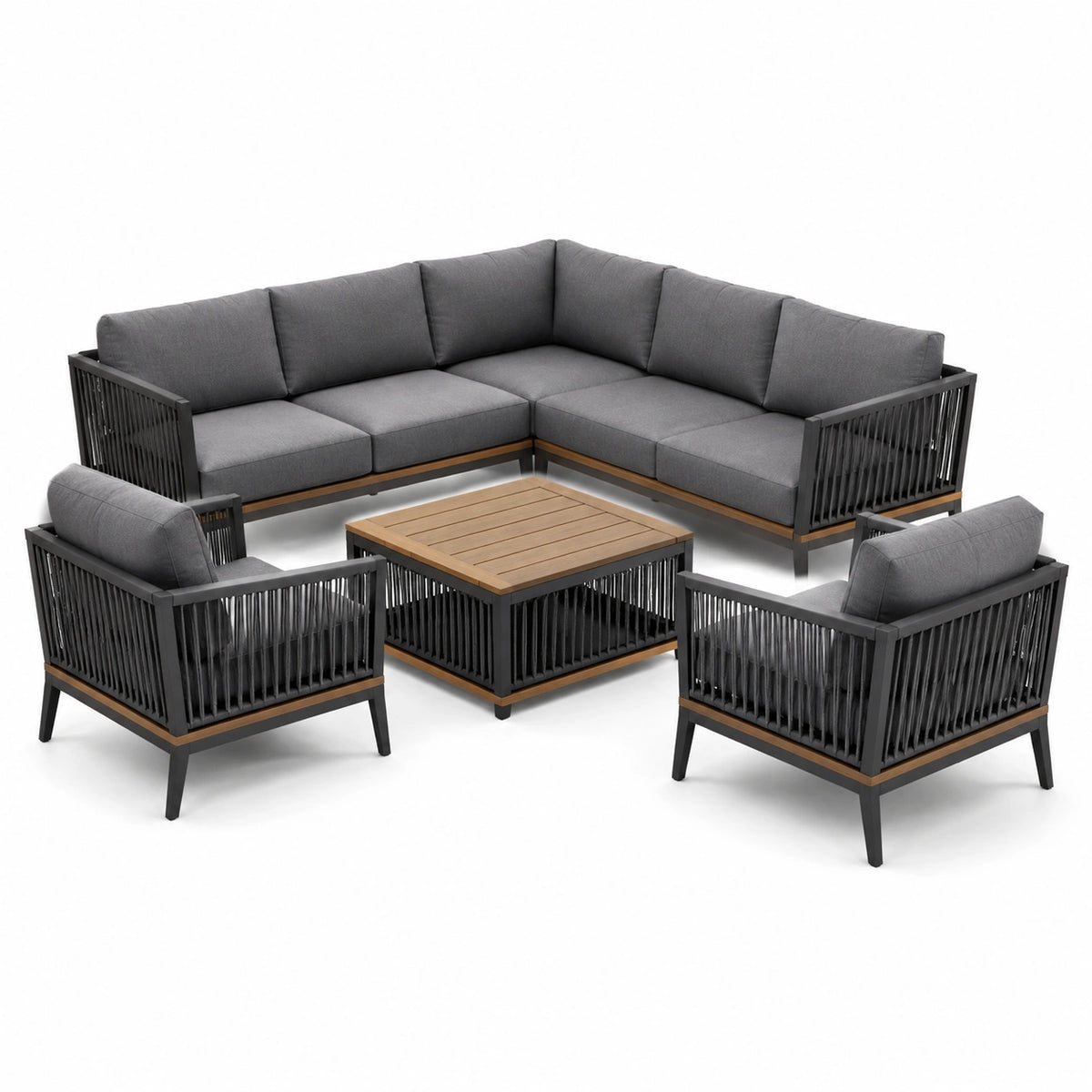 Conjunto de muebles de jardín de aluminio y teca con cojines grises