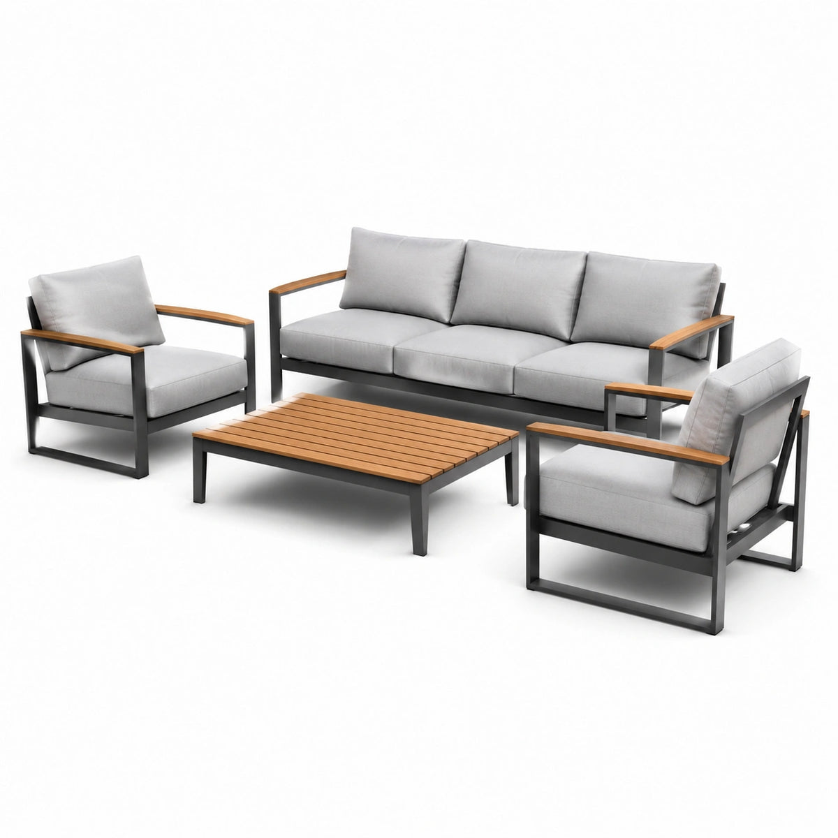 Conjunto de muebles de teca y mimbre con cojines beige