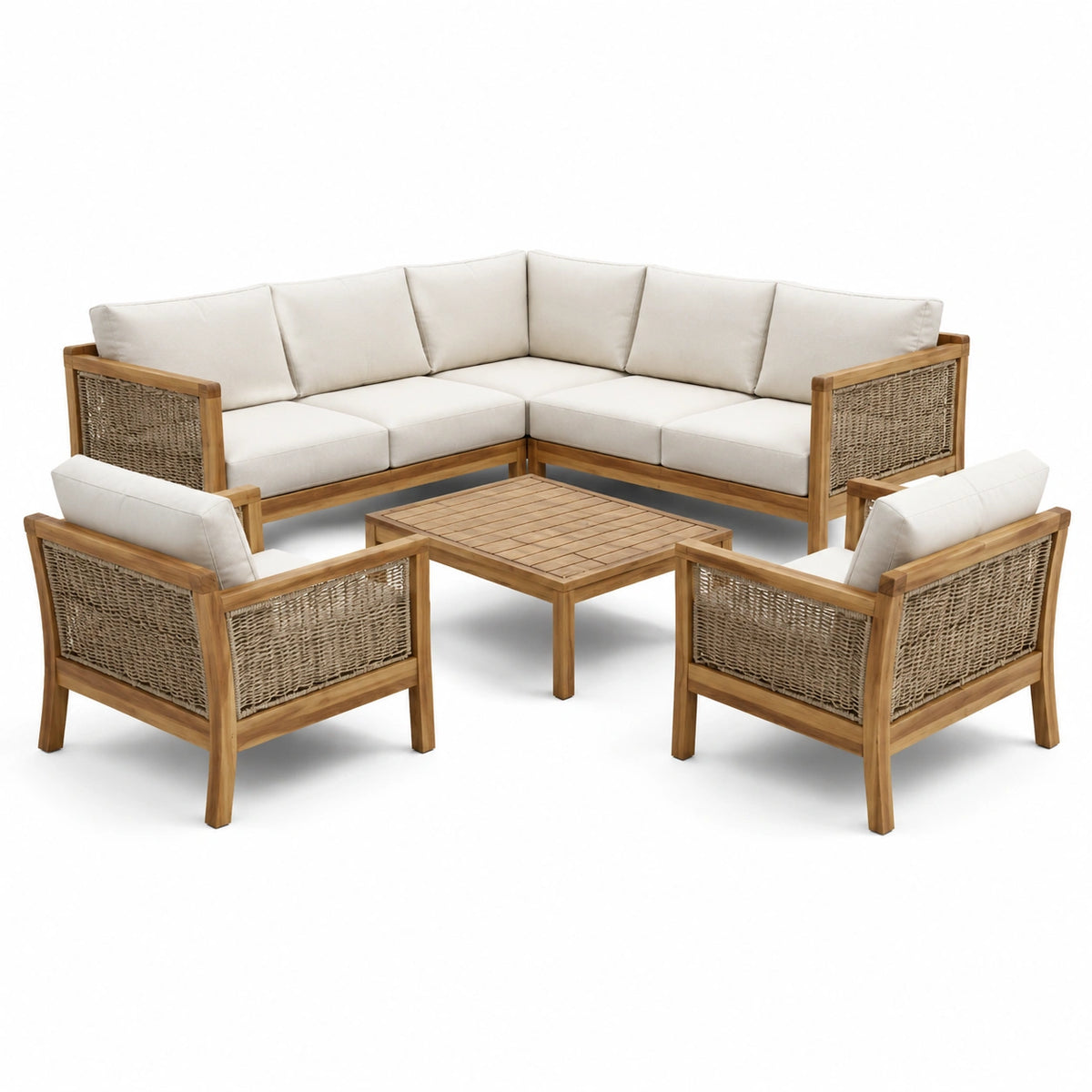 Conjunto de muebles de jardín de teca y cuerda sintética, 4 piezas, beige