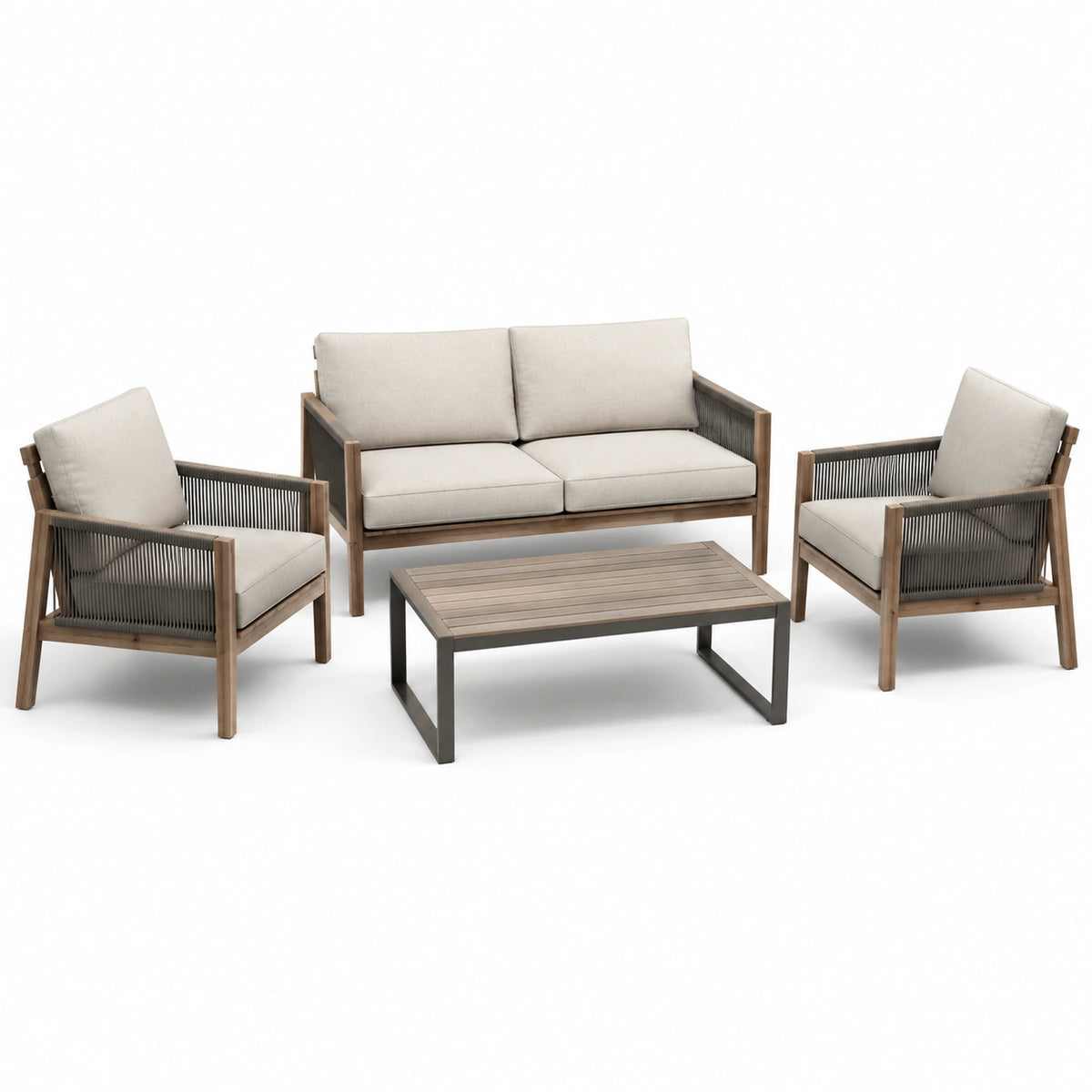 Conjunto de sofá de jardín en L de madera con mesa de centro y cojines beige