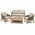 Conjunto de muebles de jardín de ratán sintético y cojines beige, sofá de 3 plazas, dos sillones y mesa de centro