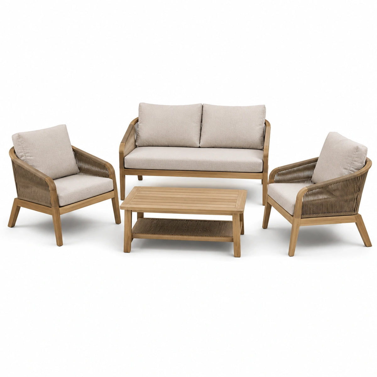 Conjunto de muebles de jardín de ratán sintético y cojines beige, sofá de 3 plazas, dos sillones y mesa de centro