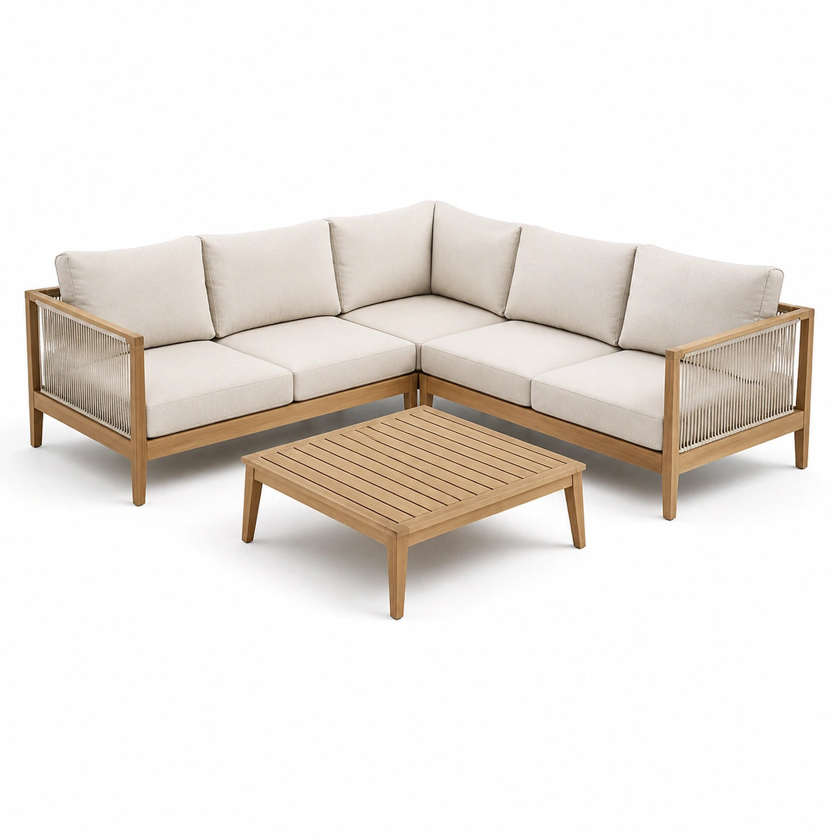 Conjunto de sofá esquinero de madera con cojines beige y mesa